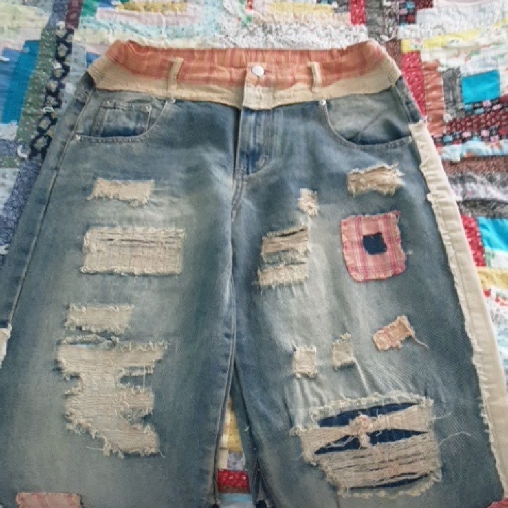 H&M Blue Distressed Jeans with Plaid Detail